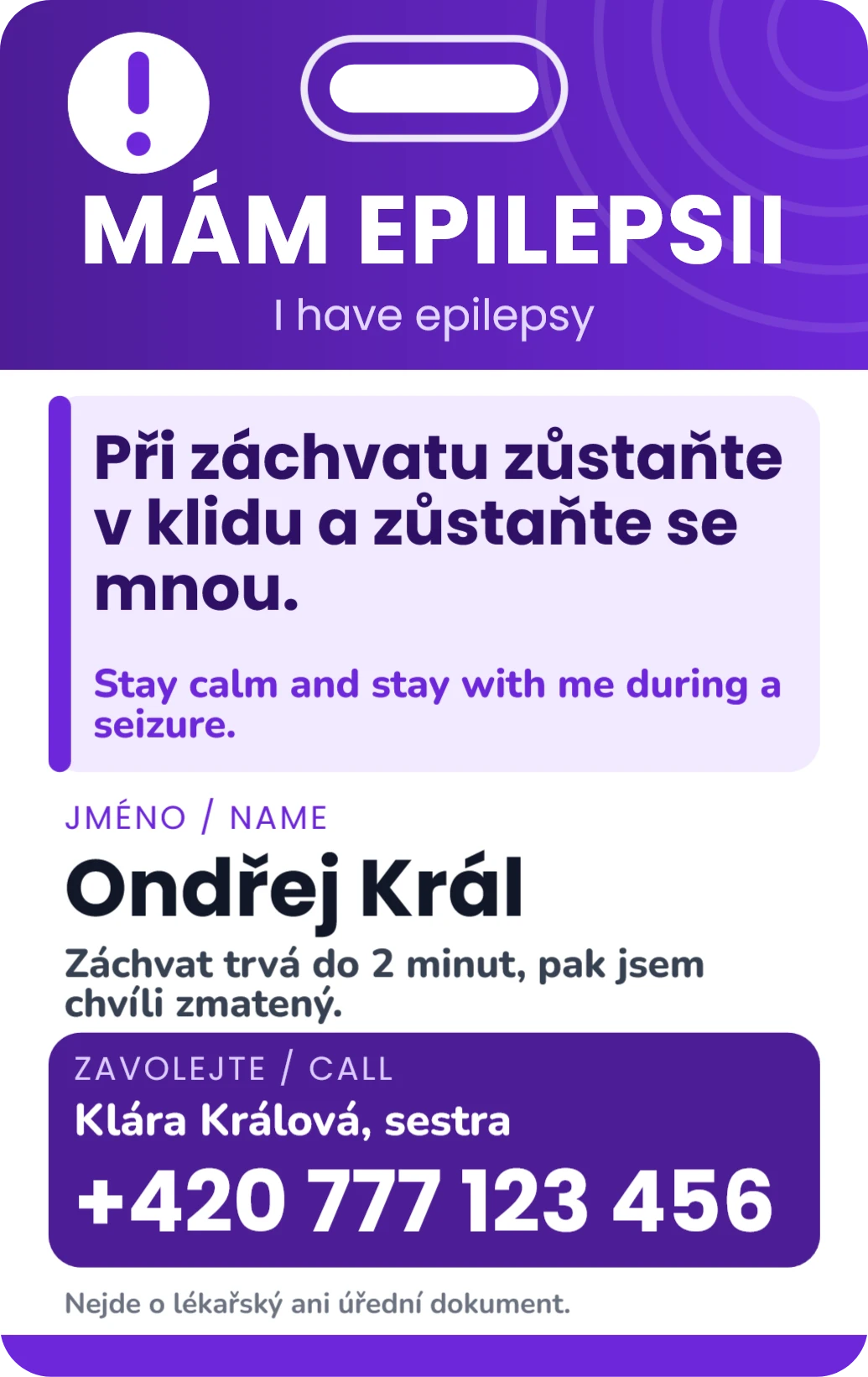 Karta pro epileptiky na výšku (na krk), ukázka karty