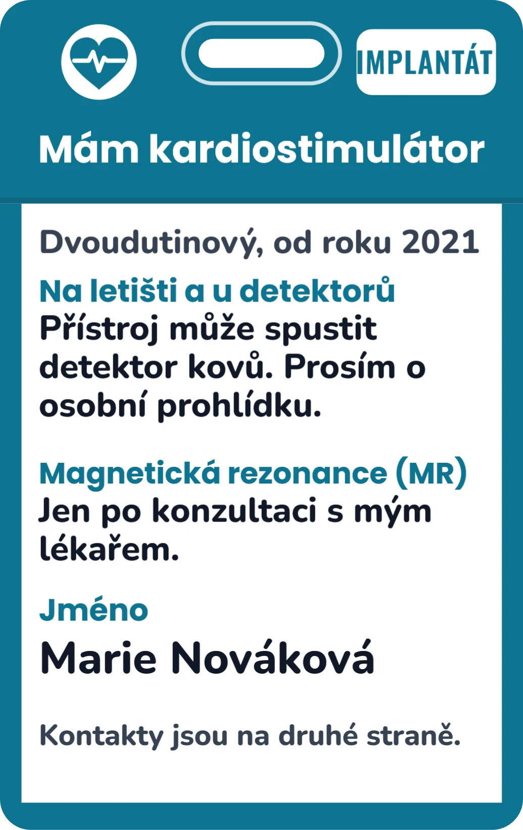 Mám kardiostimulátor nebo implantát, ukázka karty