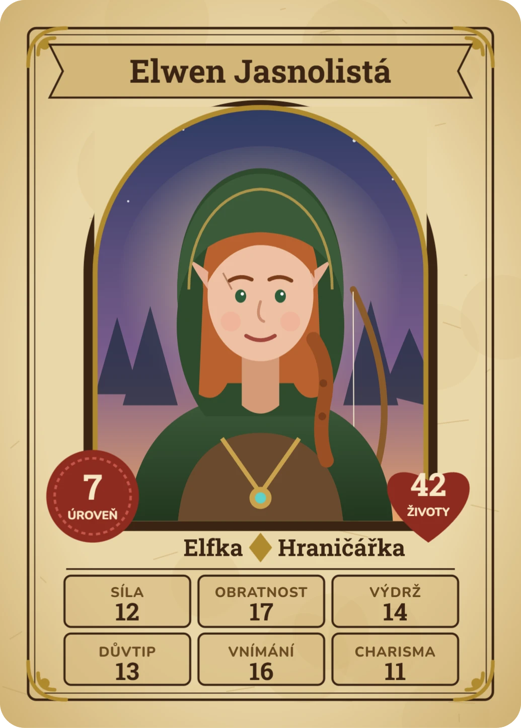 Karta postavy: fantasy pergamen, ukázka karty