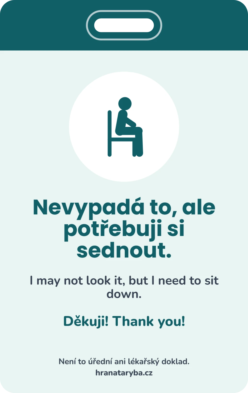 Potřebuji si sednout: karta na krk, ukázka karty