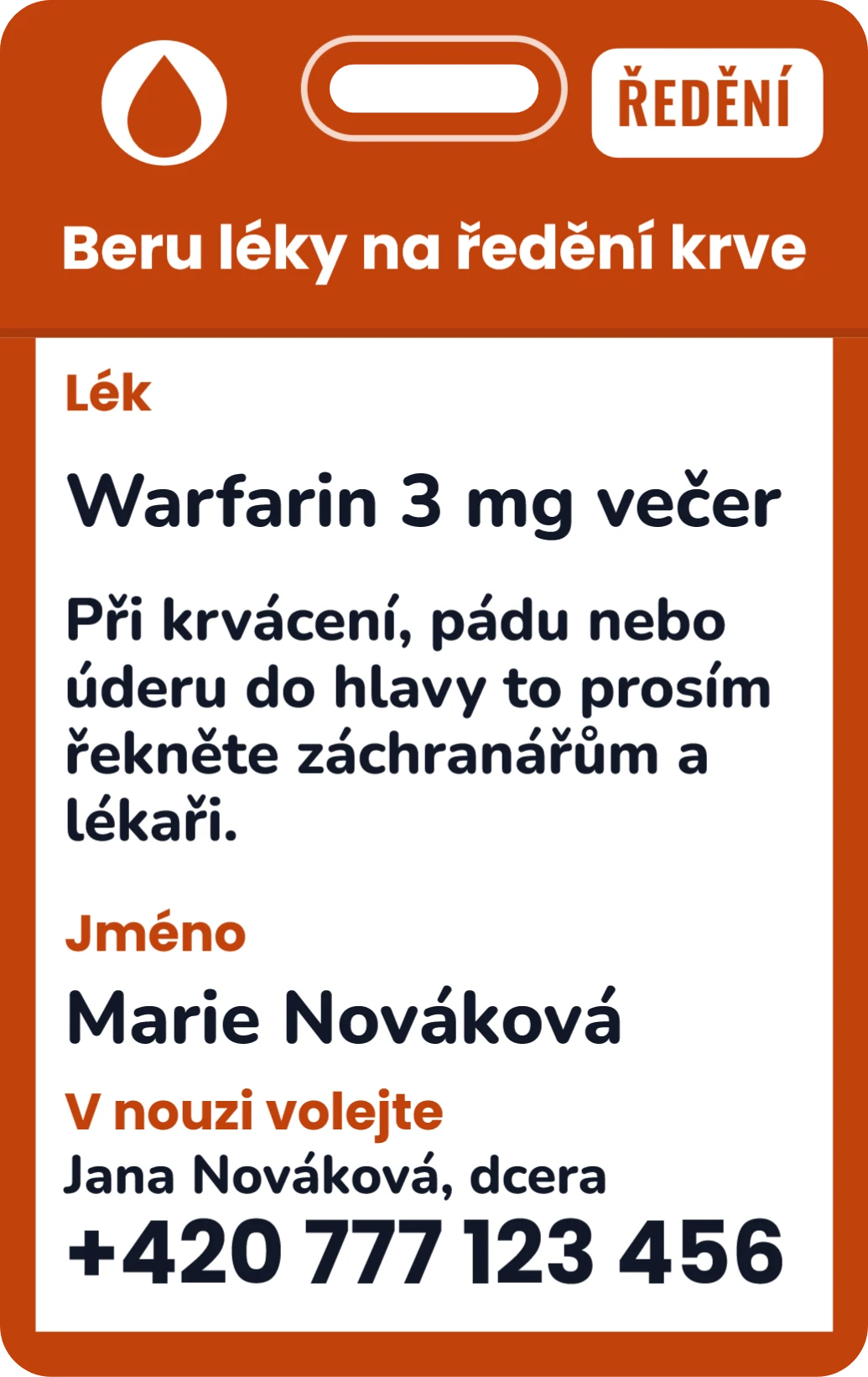 Beru léky na ředění krve, ukázka karty