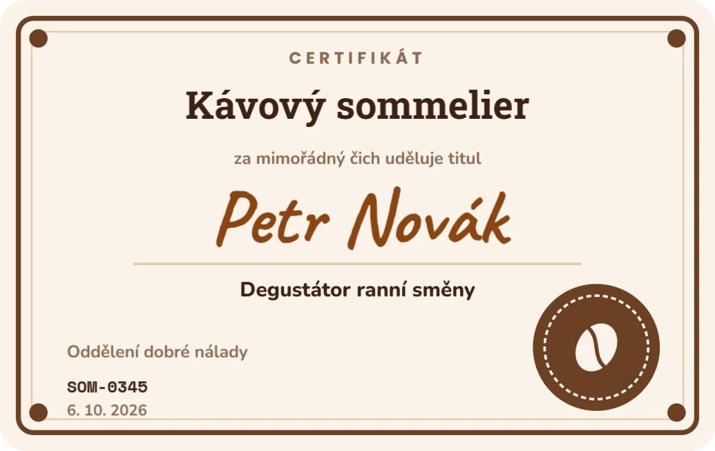 Certifikát Kávový sommelier, ukázka karty