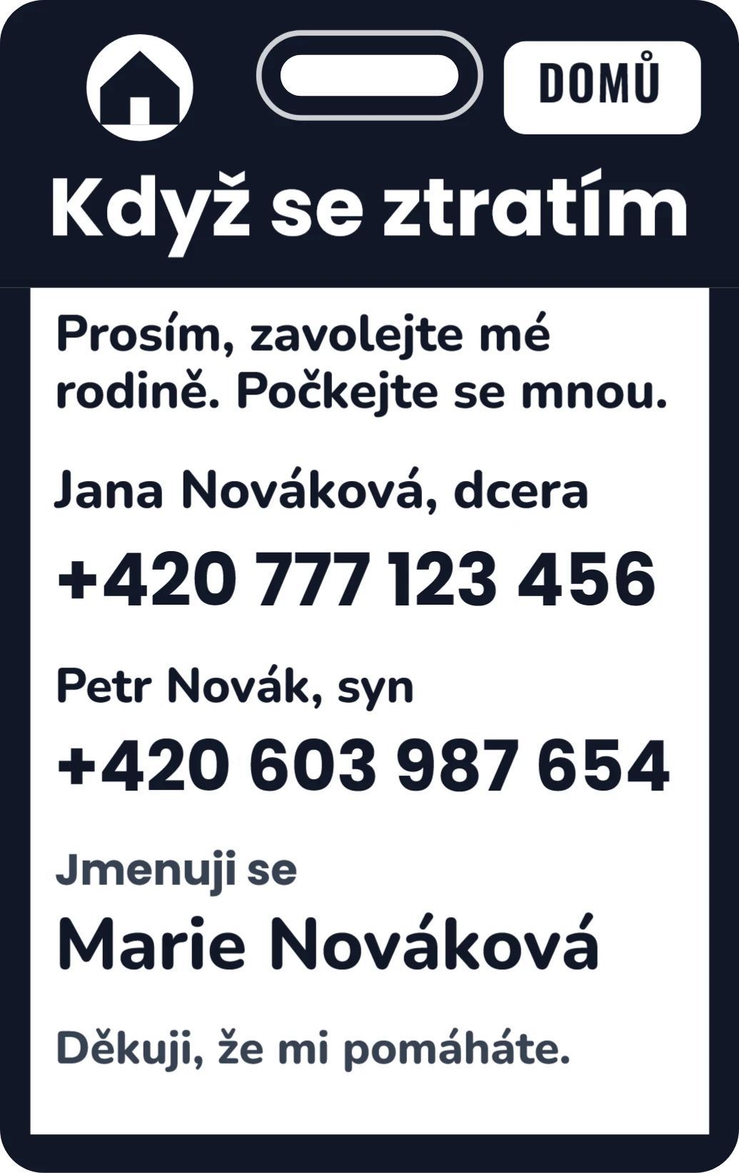 Když se ztratím: karta na krk pro seniory, ukázka karty