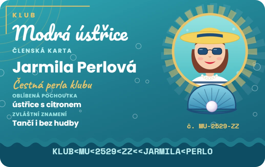 Členská karta klubu Modrá ústřice, ukázka karty
