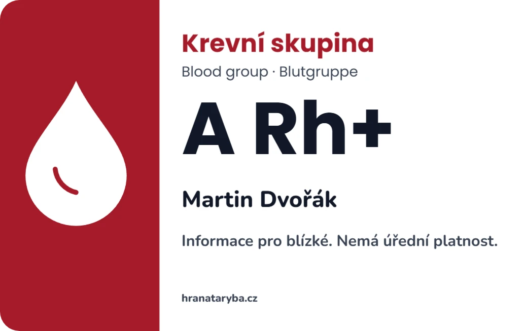 Krevní skupina do peněženky, ukázka karty