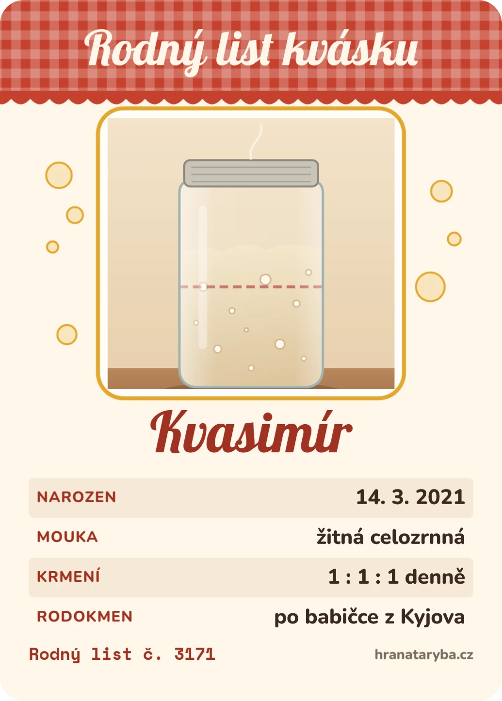 Rodný list kvásku, ukázka karty