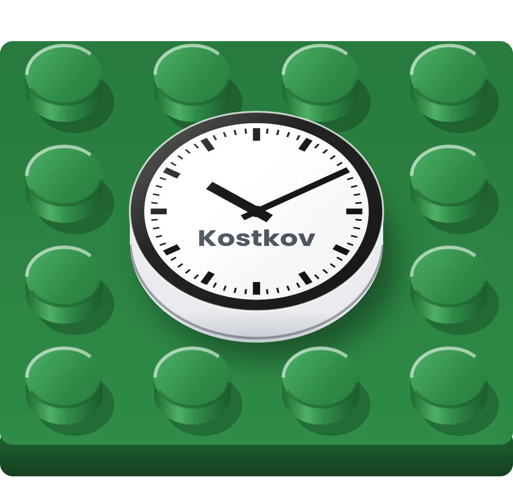 Nádražní hodiny na kulaté LEGO dlaždici 2 × 2, ukázka karty