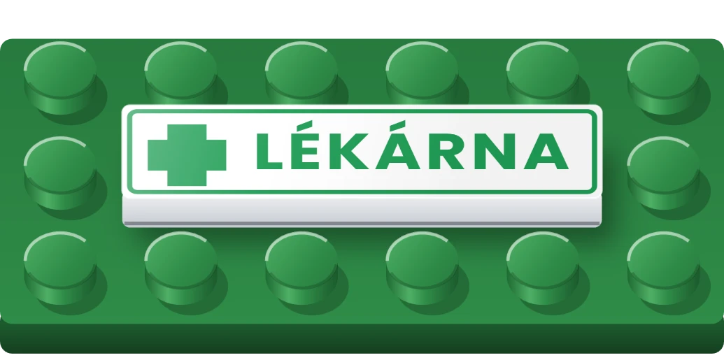 Cedule lékárny na LEGO dlaždici 1 × 4, ukázka karty