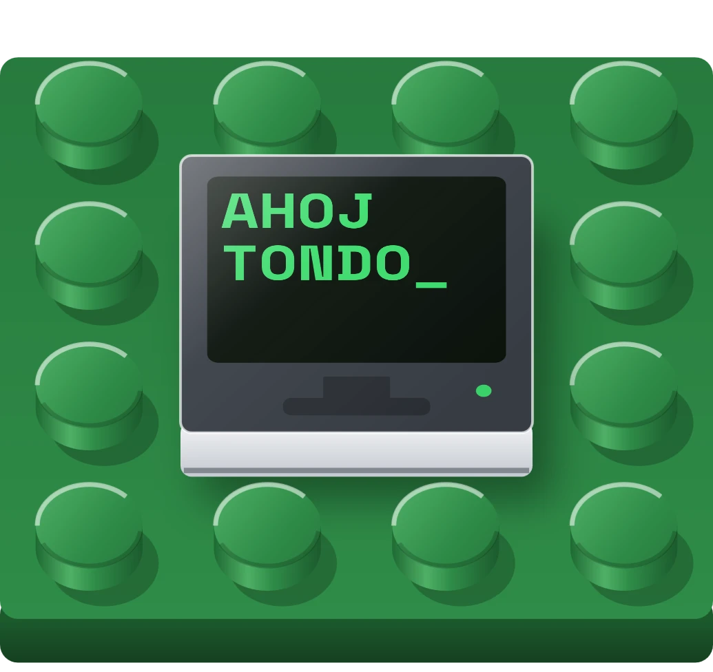 Monitor počítače na LEGO dlaždici 2 × 2, ukázka karty