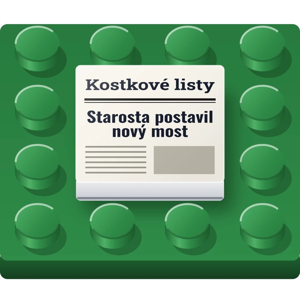 Noviny s vlastním titulkem na LEGO dlaždici 2 × 2, ukázka karty