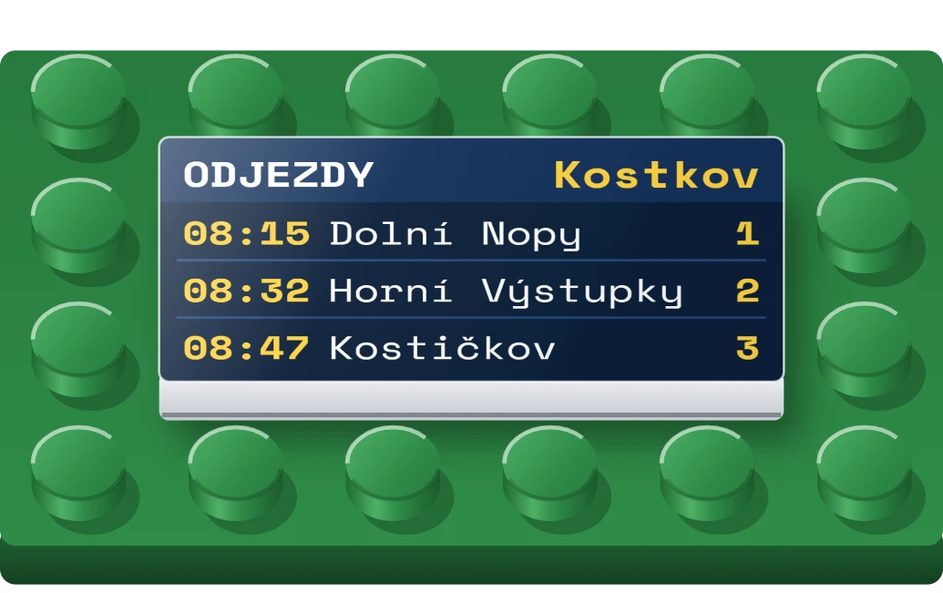 Odjezdová tabule na LEGO dlaždici 2 × 4, ukázka karty
