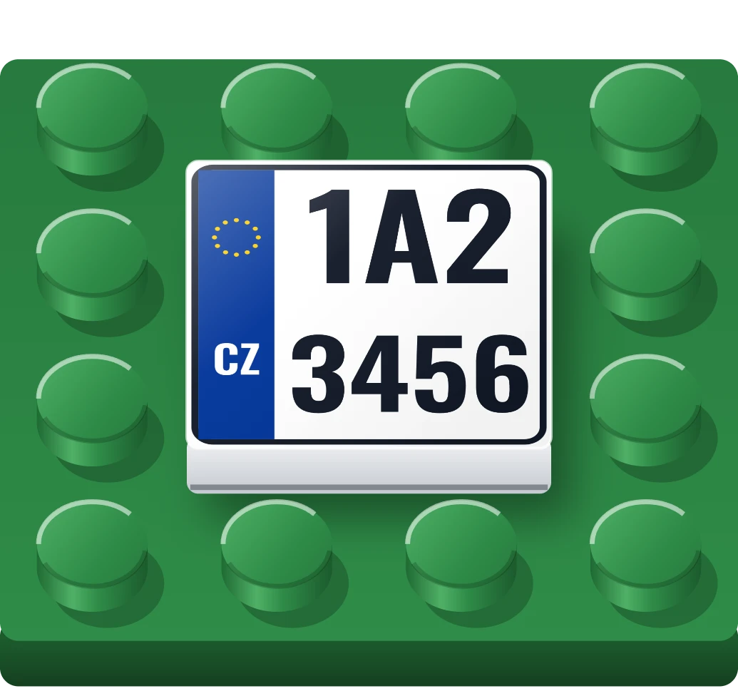 Česká moto SPZ na LEGO dlaždici 2 × 2, ukázka karty