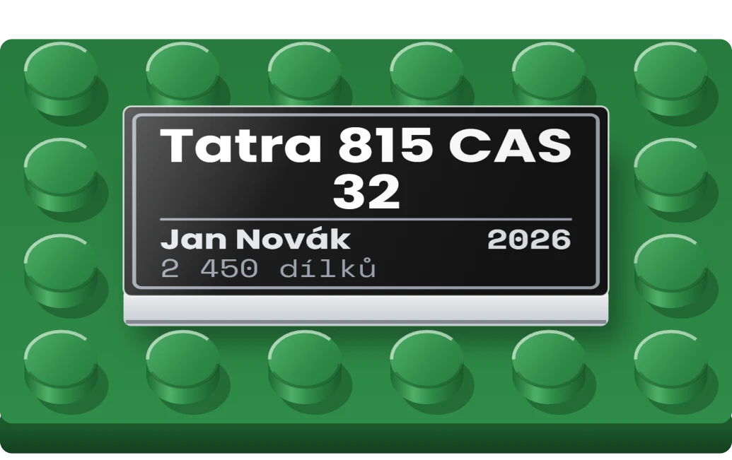 Štítek k vystavenému modelu na LEGO dlaždici 2 × 4, ukázka karty