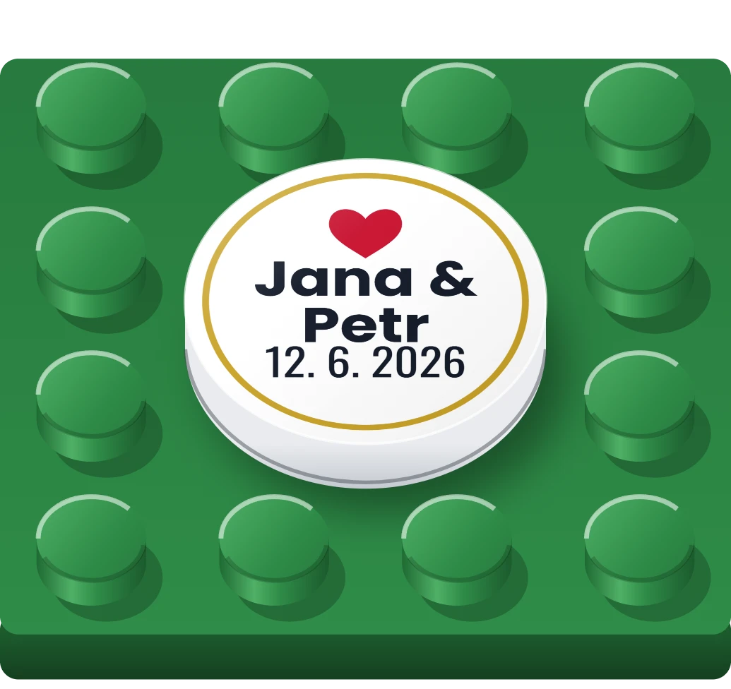 Svatební kulatá LEGO dlaždice se jmény, ukázka karty