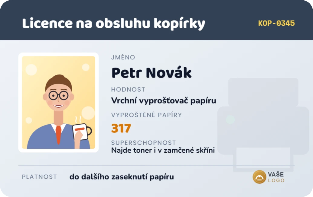 Licence na obsluhu kopírky, ukázka karty