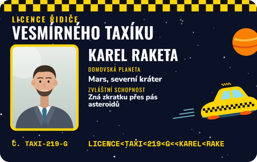 Licence řidiče vesmírného taxíku, ukázka karty
