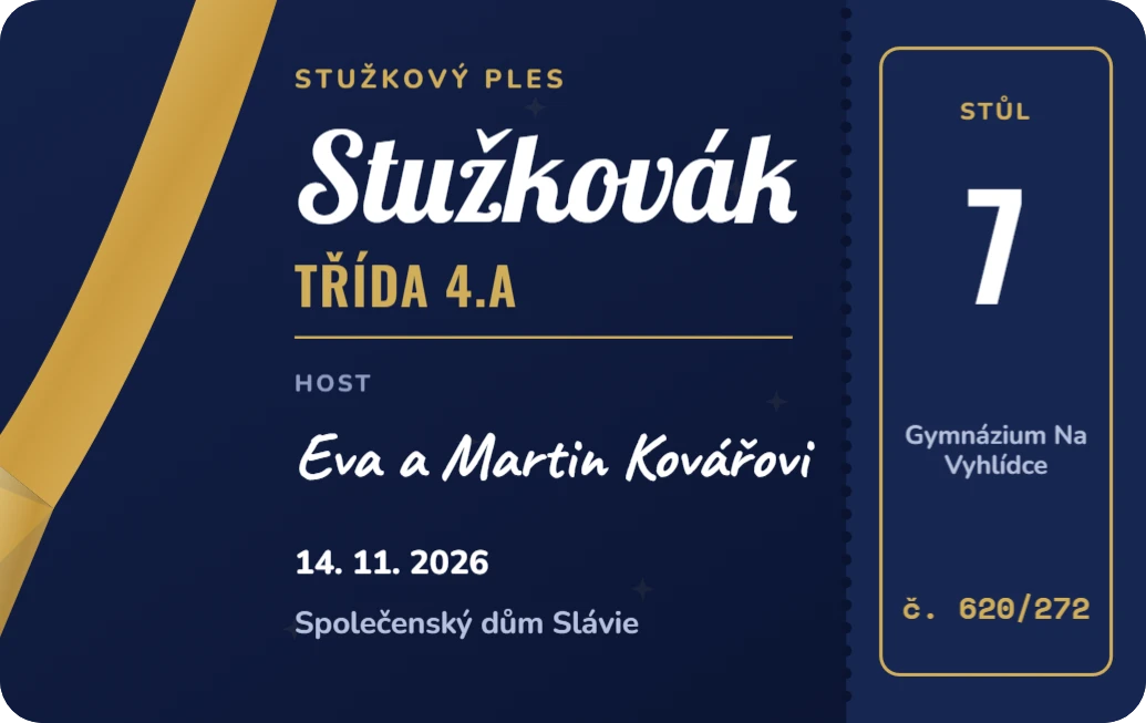 Stužkovák: vstupenka a jmenovka, ukázka karty