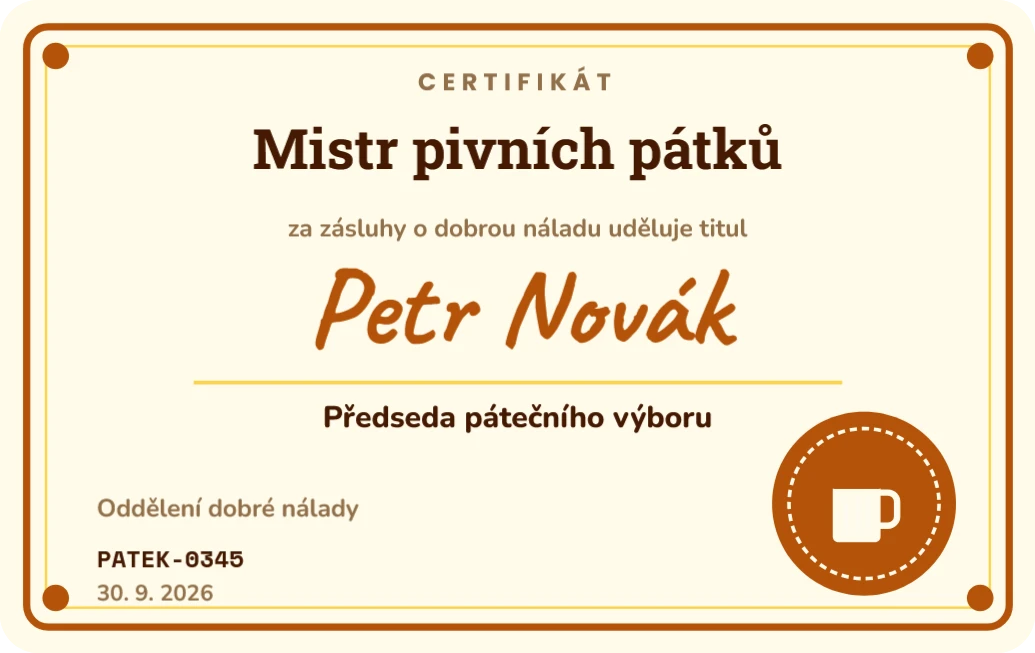 Certifikát Mistr pivních pátků, ukázka karty