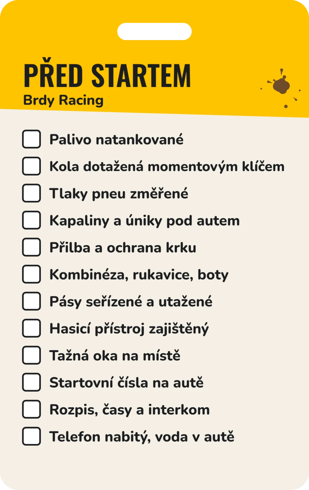 Tahák na krk: checklist před startem, ukázka karty