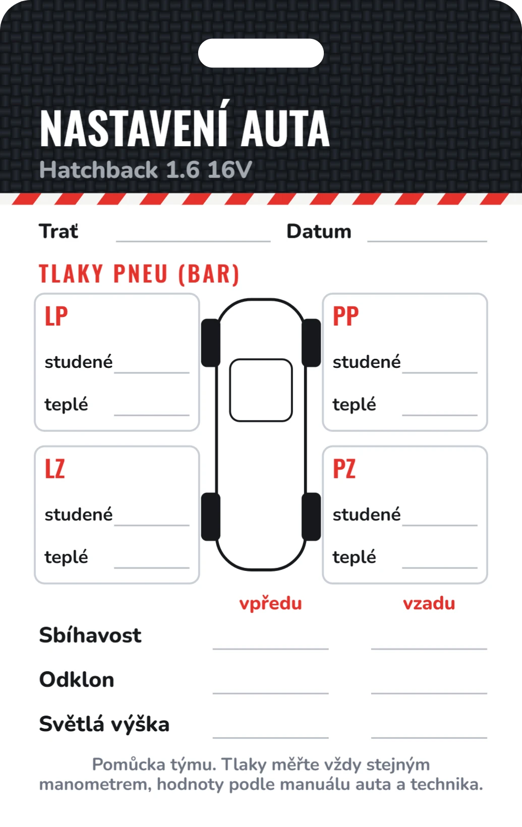Tahák na krk: nastavení auta, ukázka karty