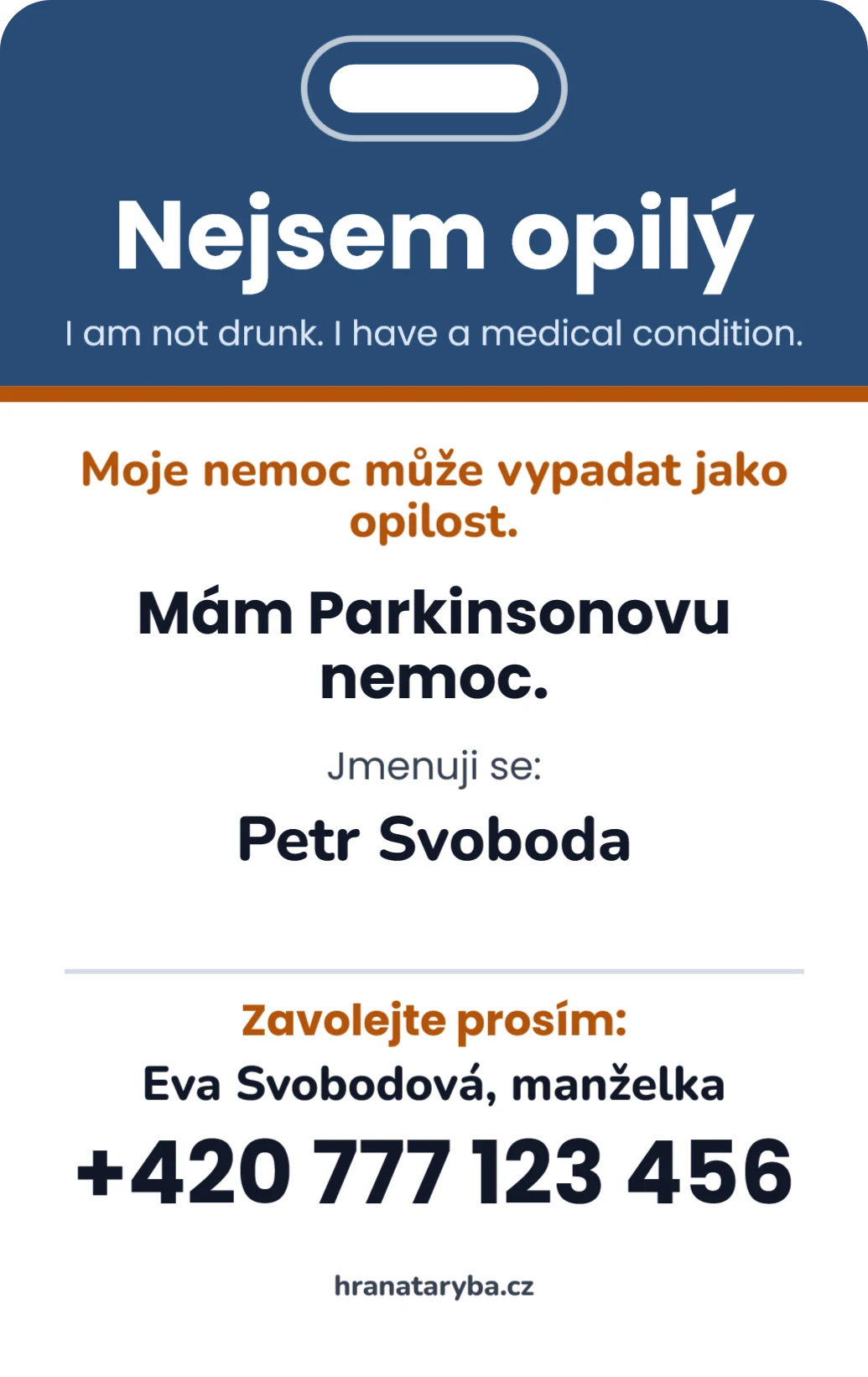 Nejsem opilý: karta na krk, ukázka karty