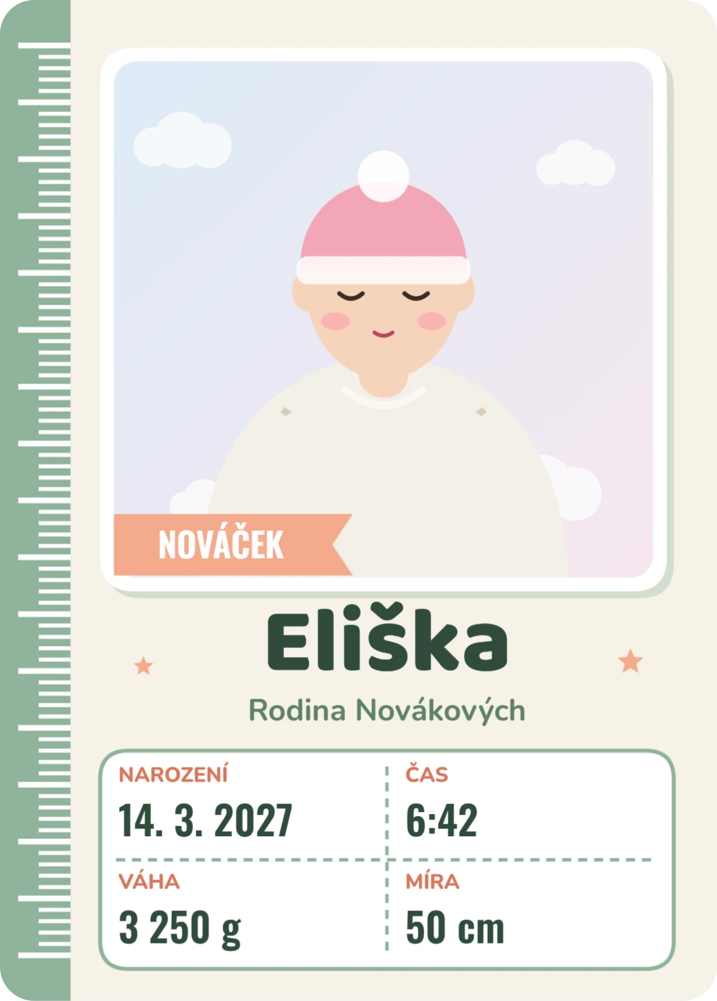 Nováček: parametry hráče, ukázka karty