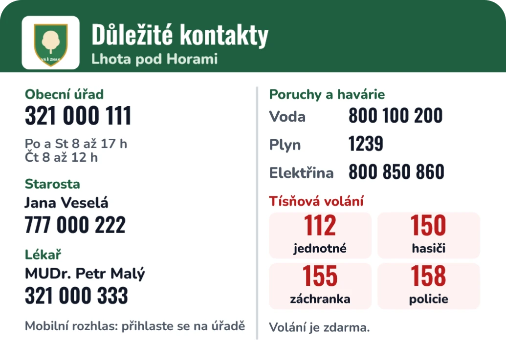Důležité kontakty obce na lednici, ukázka karty