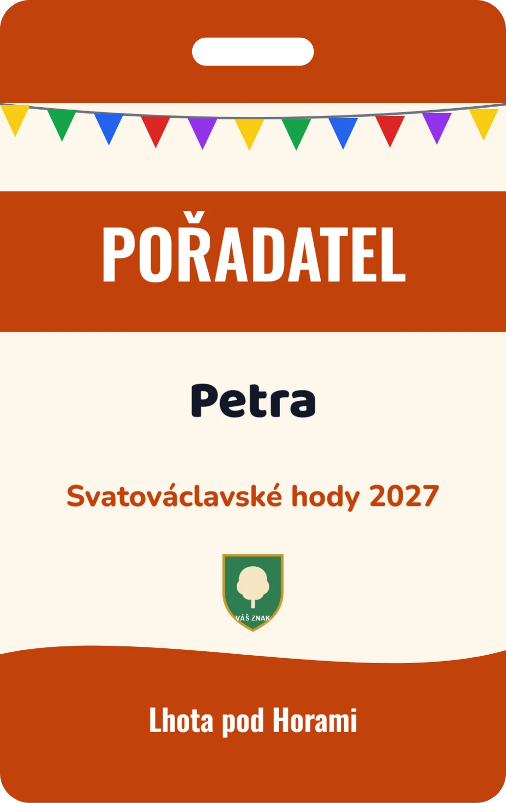 Jmenovka pořadatele akce obce, ukázka karty