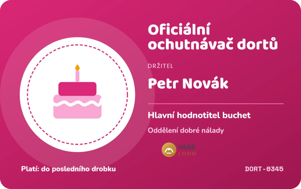 Oficiální ochutnávač dortů v kuchyňce, ukázka karty