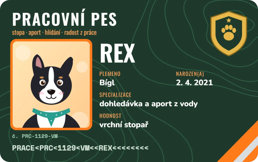 Průkaz pracovního psa, ukázka karty