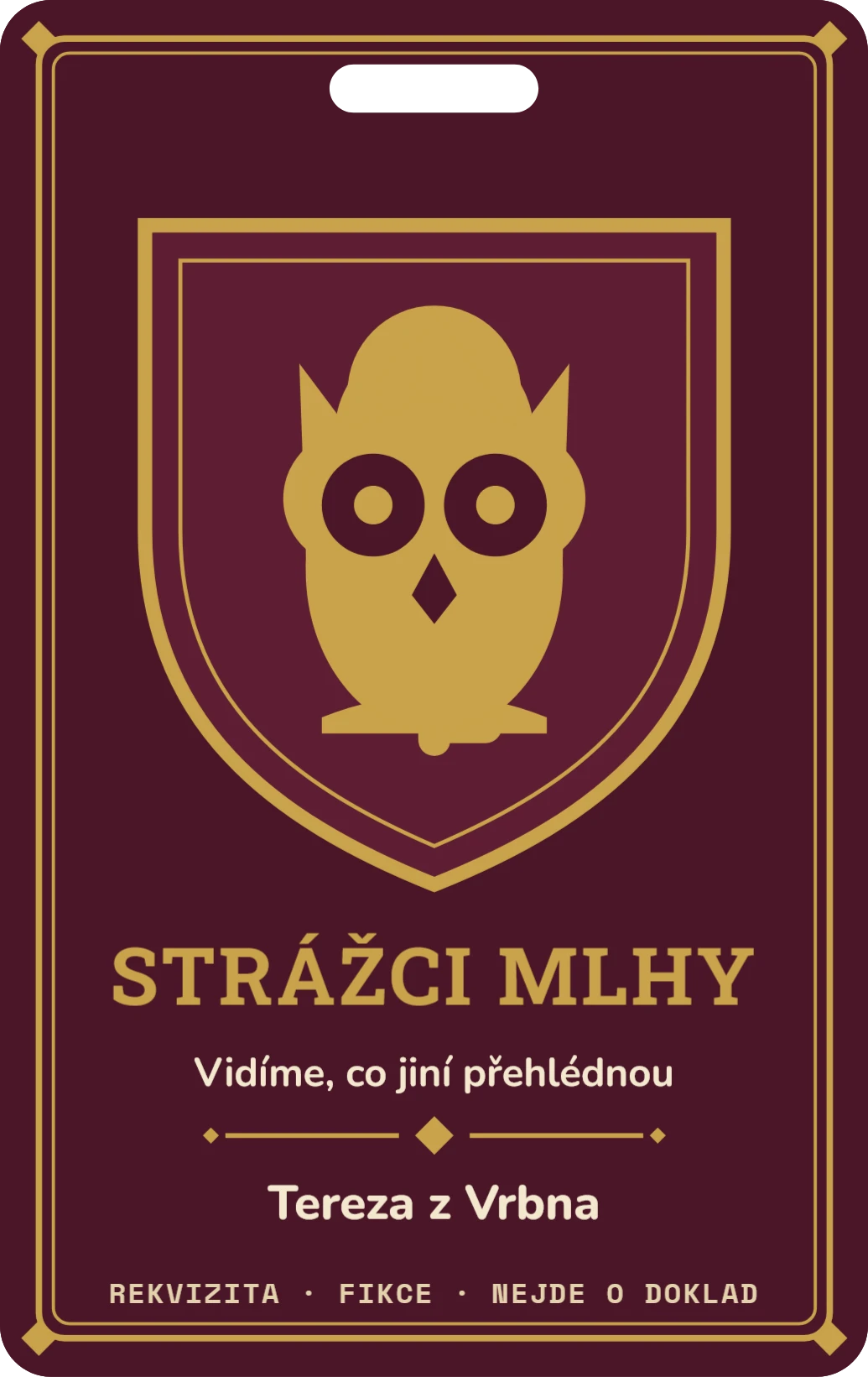 LARP: odznak frakce se štítem, ukázka karty