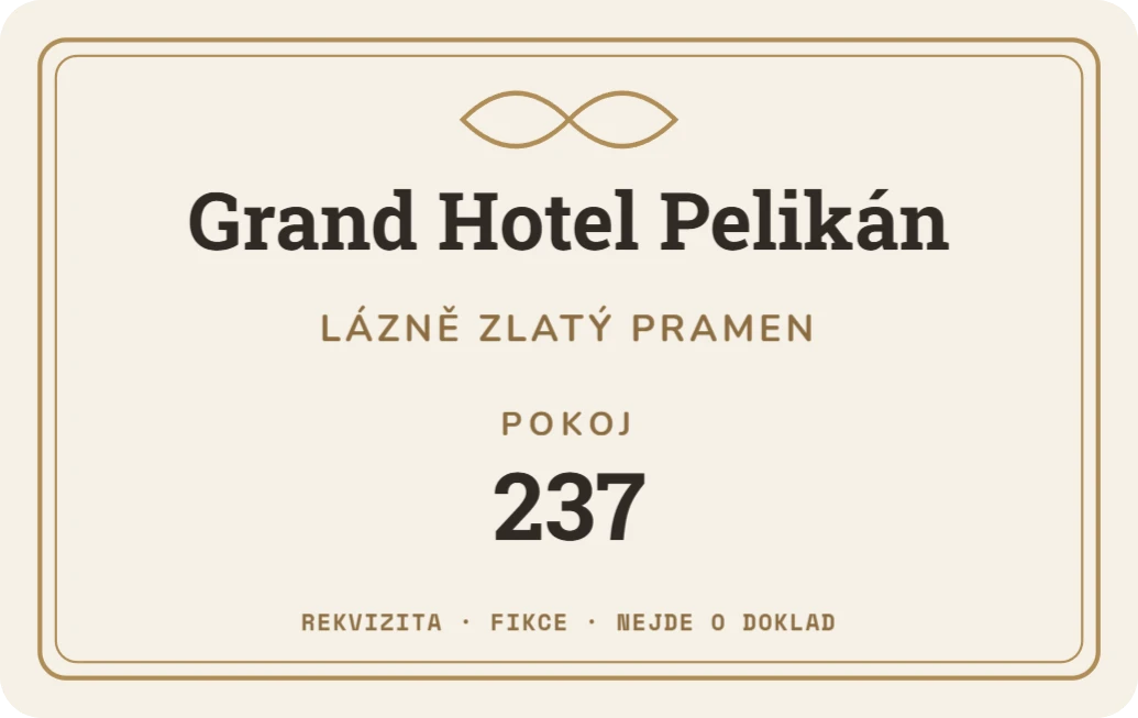 Klíčová karta smyšleného hotelu, ukázka karty