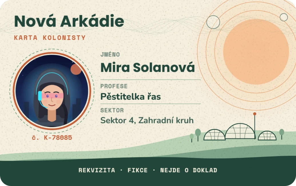 Karta kolonisty z utopické budoucnosti, ukázka karty