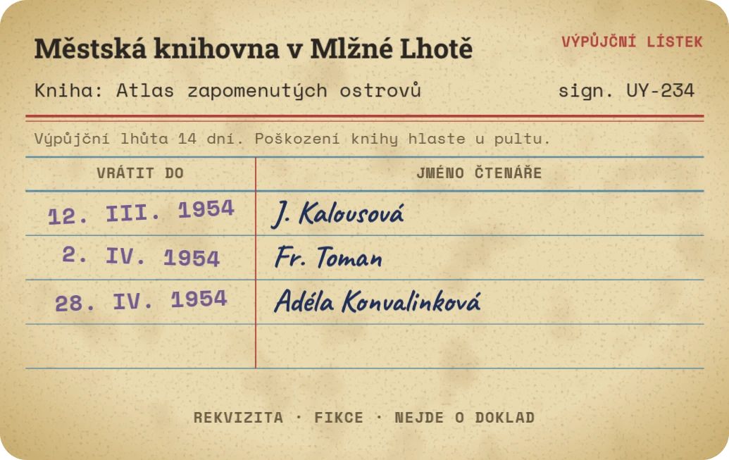Výpůjční lístek smyšlené knihovny, ukázka karty