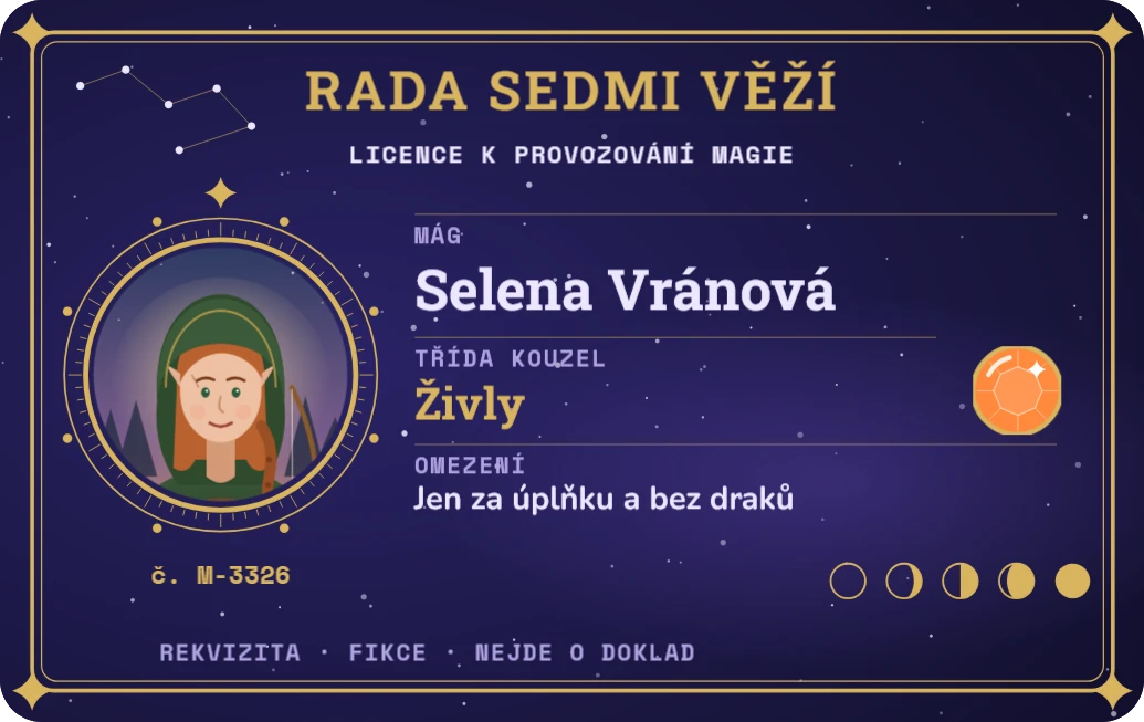 Licence čaroděje od rady mágů, ukázka karty