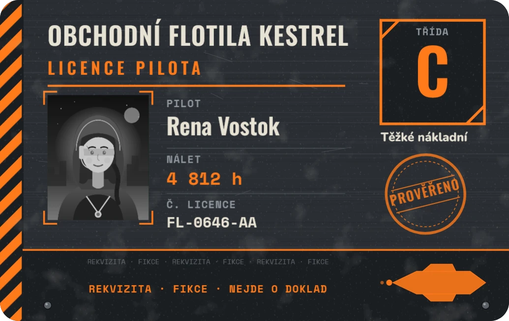 Licence pilota smyšlené obchodní flotily, ukázka karty