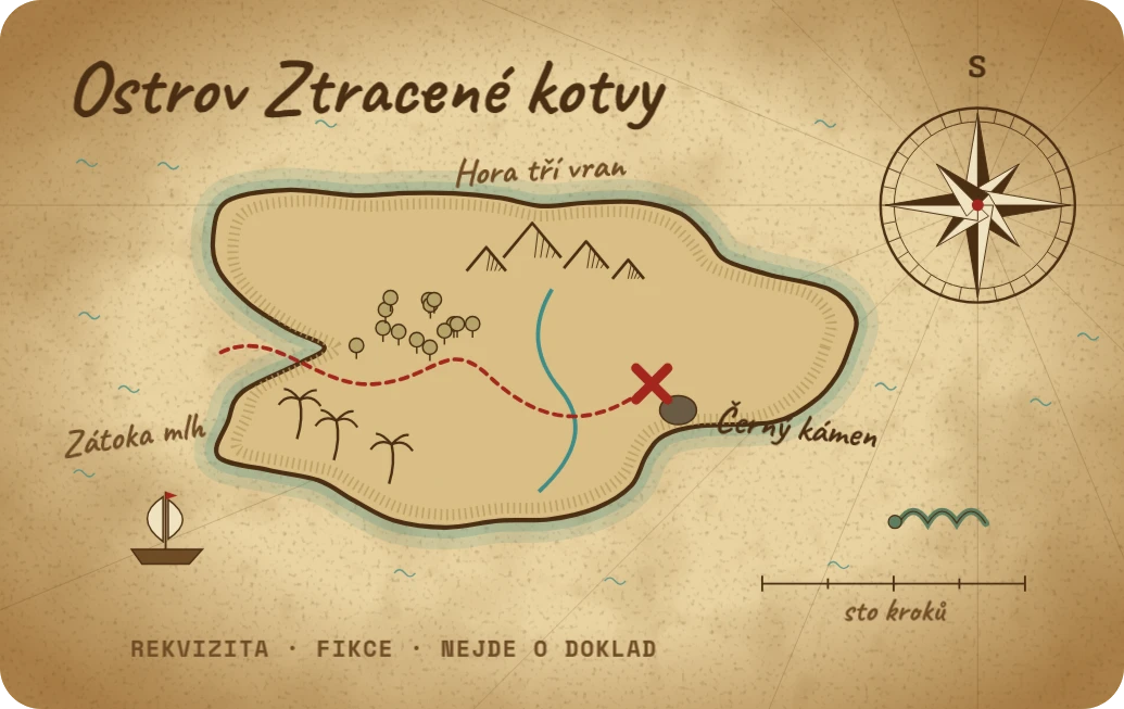 Mapa pokladu na pergamenu, ukázka karty