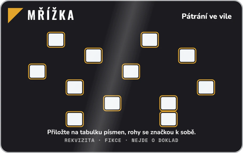 Úniková hra: šifrovací mřížka (průhledná), ukázka karty