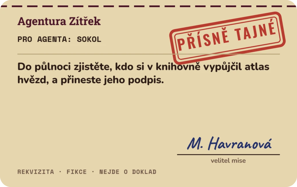 Hra: tajná mise v obálce, ukázka karty