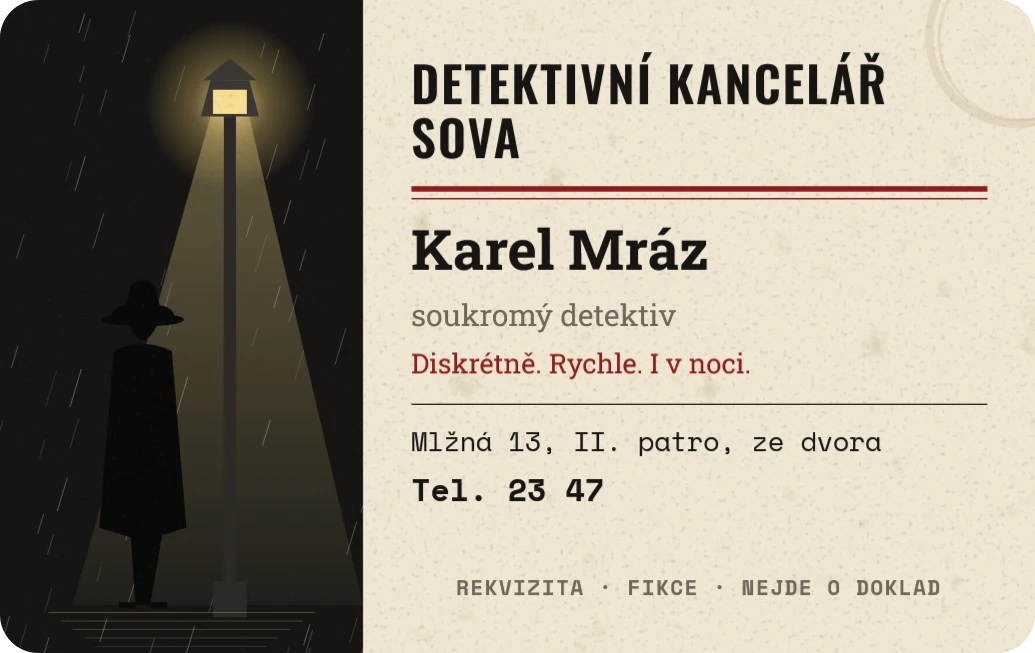 Vizitka soukromého detektiva ze 40. let, ukázka karty