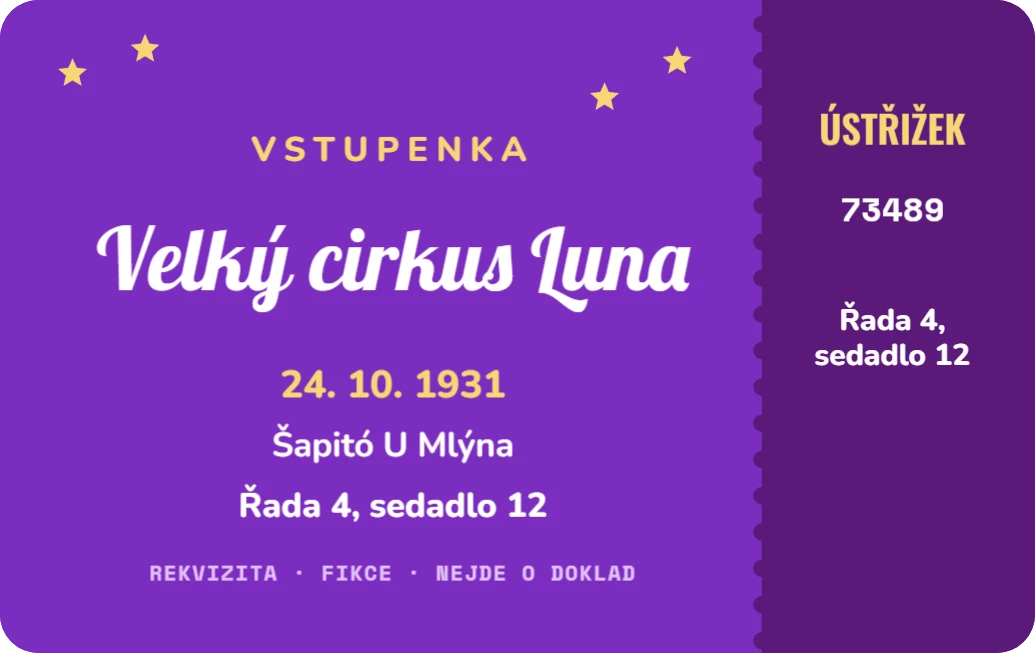 Vstupenka na smyšlenou akci, ukázka karty