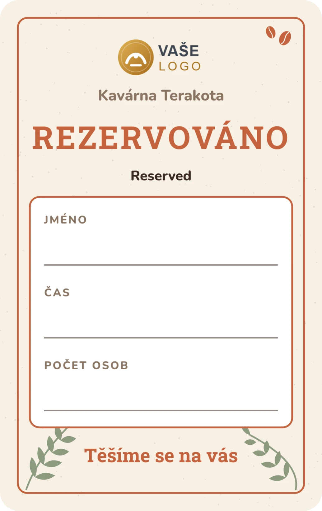 Rezervováno na stůl, řada Kavárna, ukázka karty