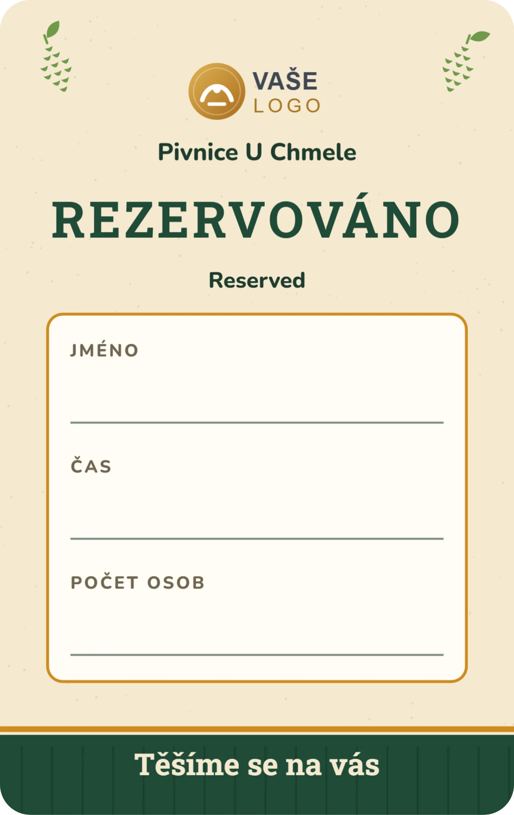 Rezervováno na stůl, řada Pivnice, ukázka karty