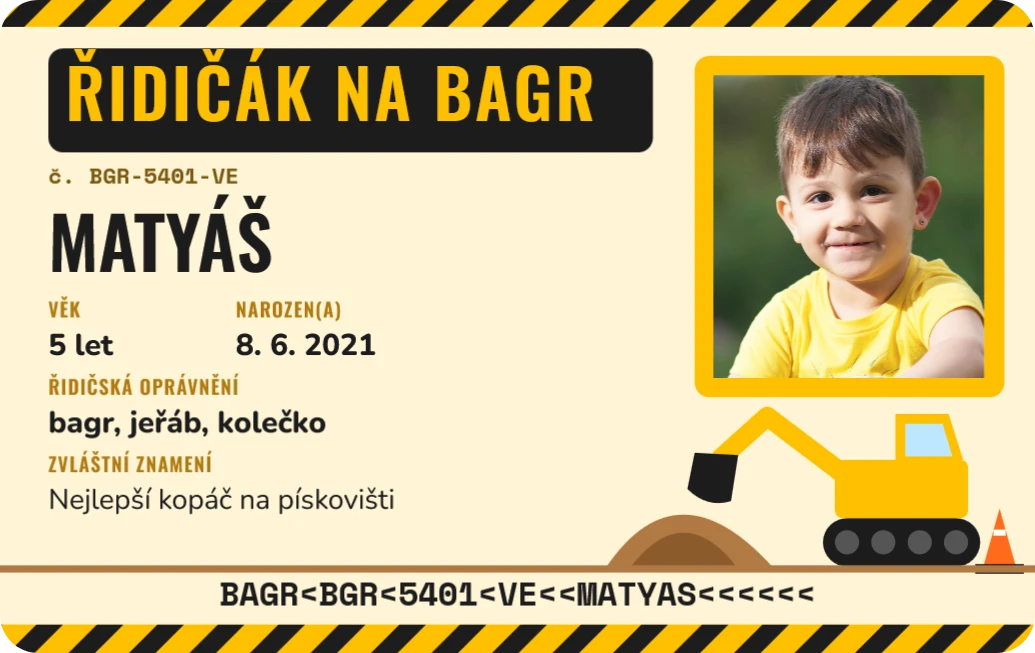 Řidičák na bagr, ukázka karty