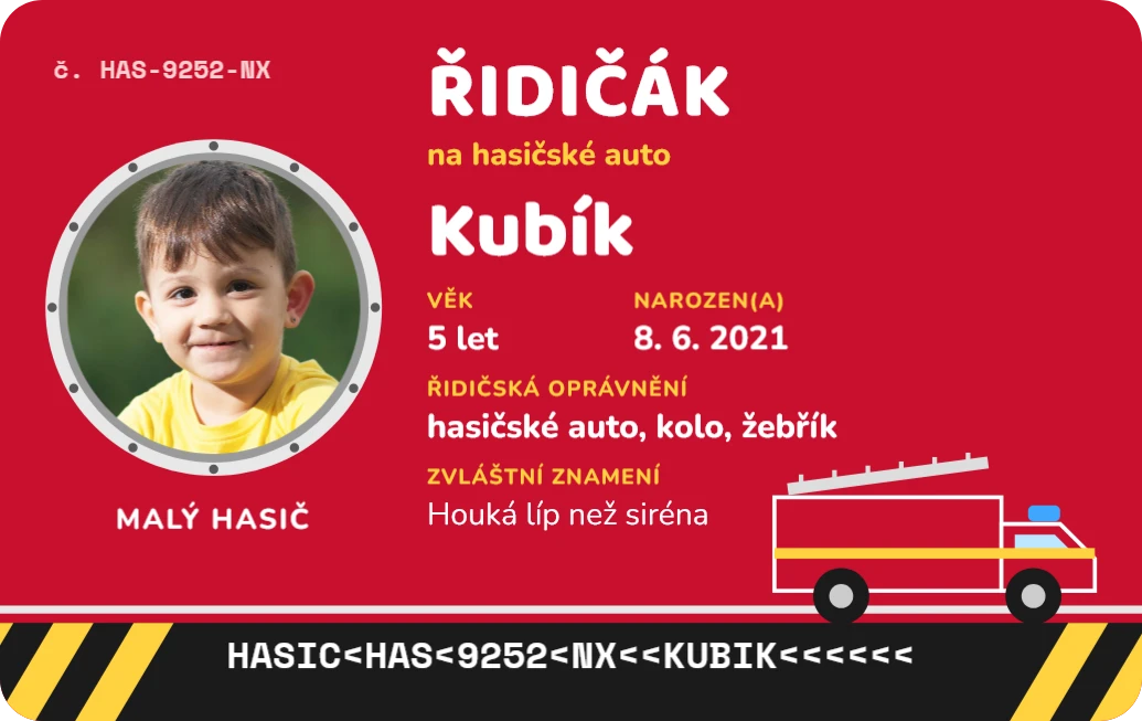 Řidičák na hasičské auto, ukázka karty