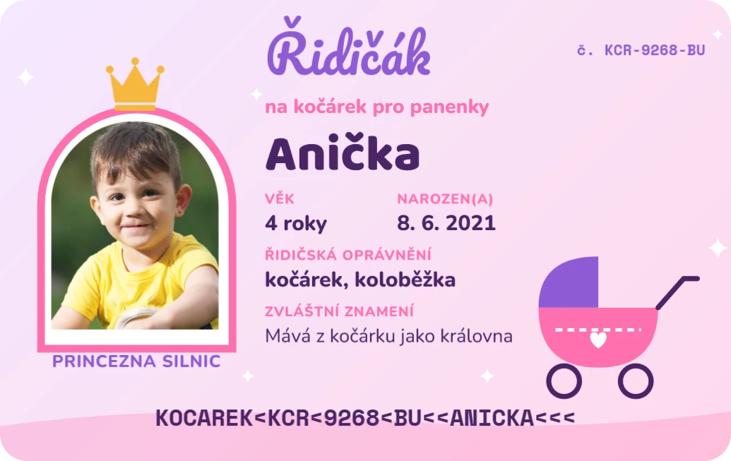Řidičák na kočárek pro panenky, ukázka karty