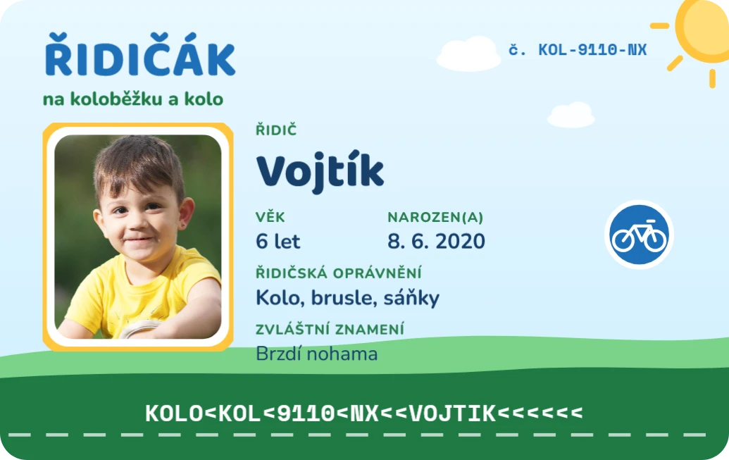 Řidičák na koloběžku a kolo, ukázka karty