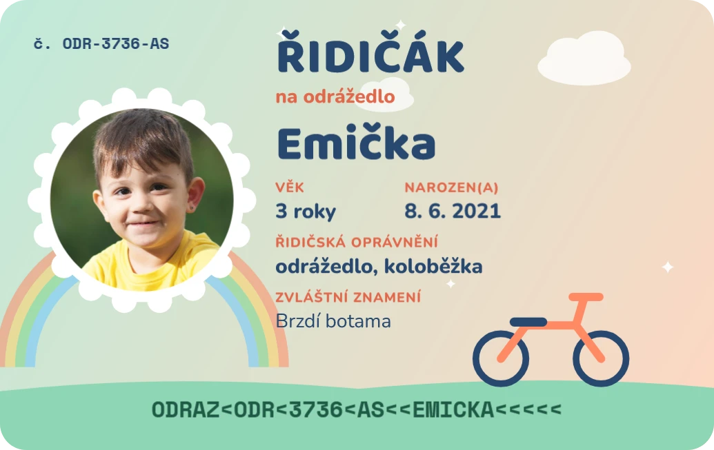 Řidičák na odrážedlo, ukázka karty