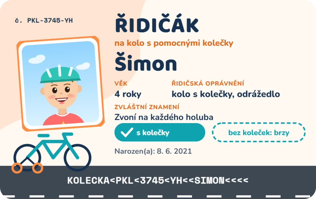 Řidičák na kolo s pomocnými kolečky, ukázka karty