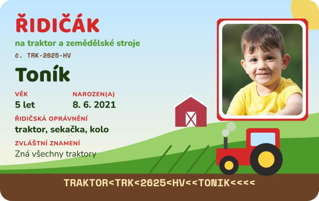 Řidičák na traktor, ukázka karty